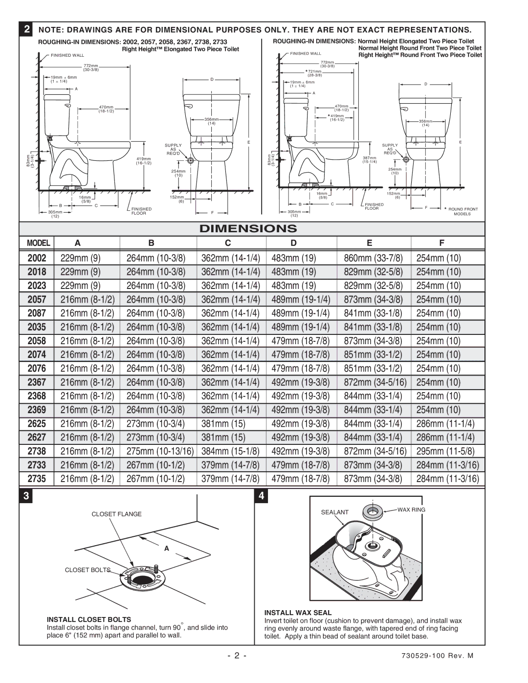 American Standard 2002, 2076 installation instructions Dimensions, Model, Install Closet Bolts Install WAX Seal 