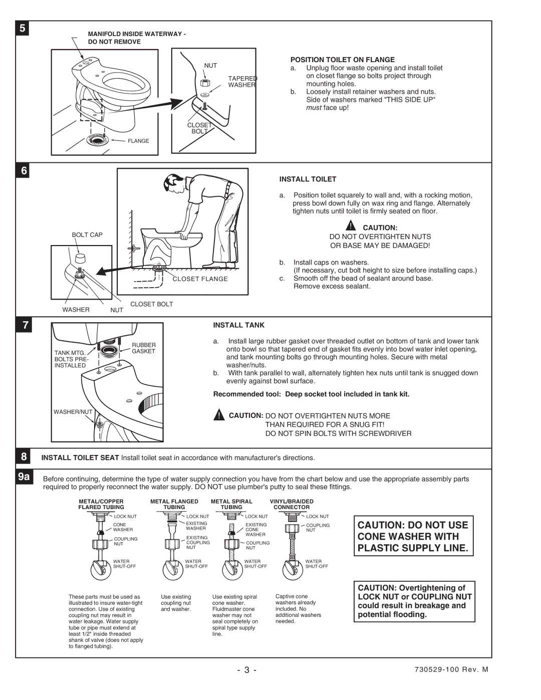 American Standard 2076, 2002 installation instructions Position Toilet on Flange, Install Toilet, Install Tank 