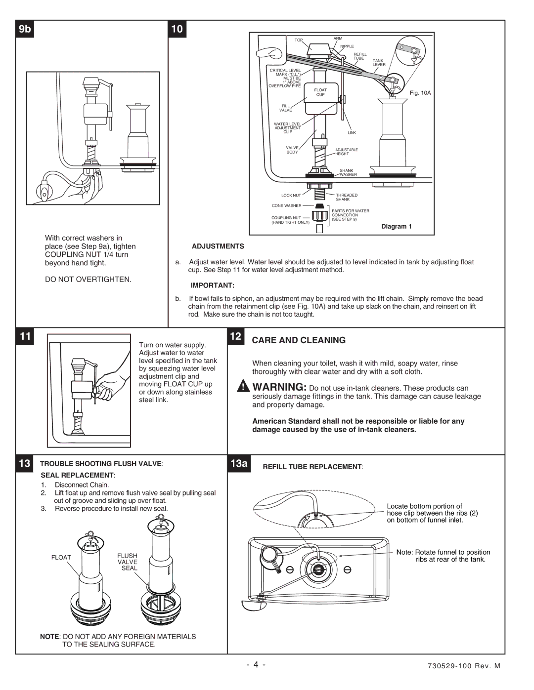 American Standard 2002, 2076 Care and Cleaning, Adjustments, Trouble Shooting Flush Valve, Refill Tube Replacement 