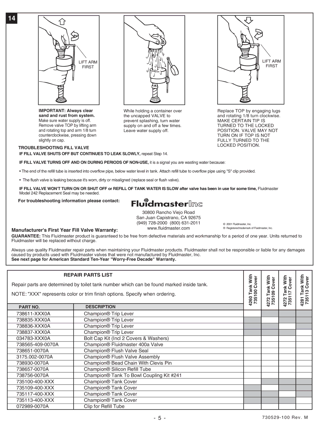 American Standard 2076, 2002 Troubleshooting Fill Valve, For troubleshooting information please contact, Description 