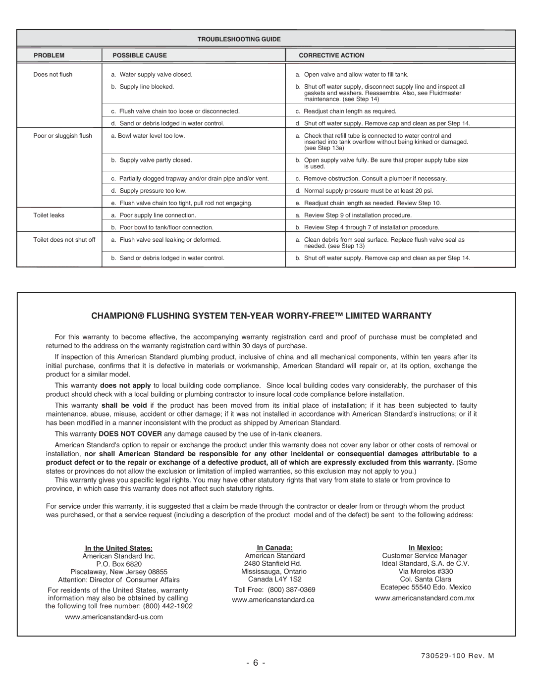 American Standard 2002, 2076 installation instructions United States 