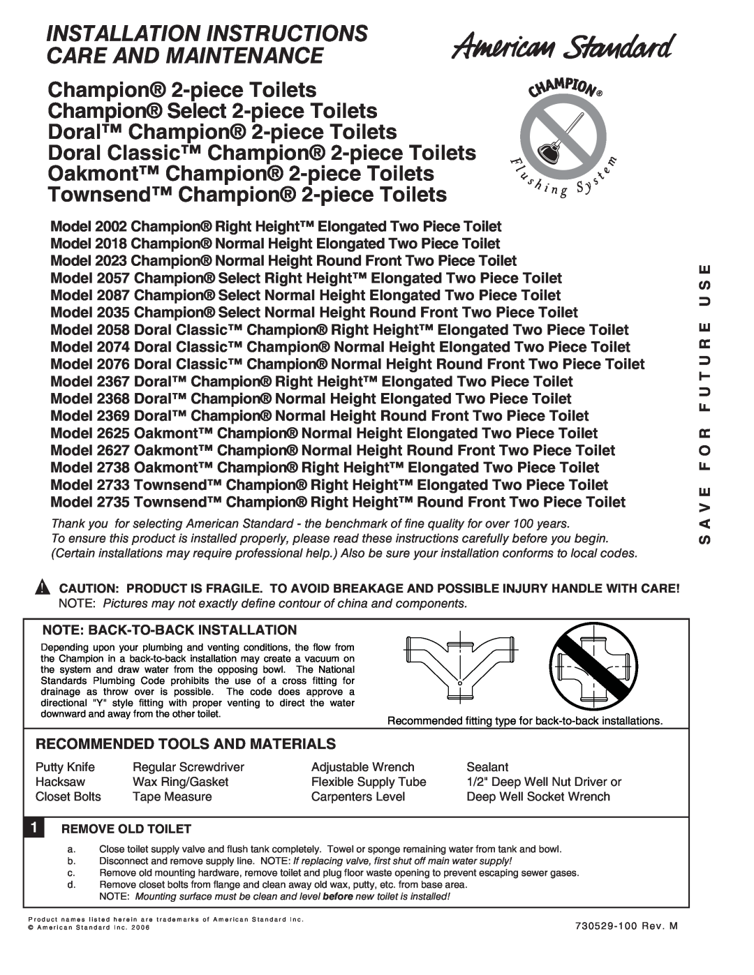 American Standard 2473 installation instructions Recommended Tools And Materials, S A V E F O R F U T U R E U S E, Models 