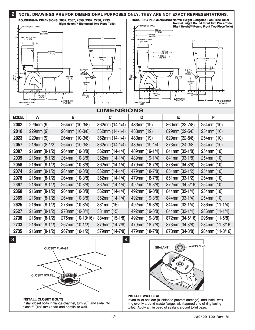 American Standard 2002, 2076 installation instructions Dimensions 