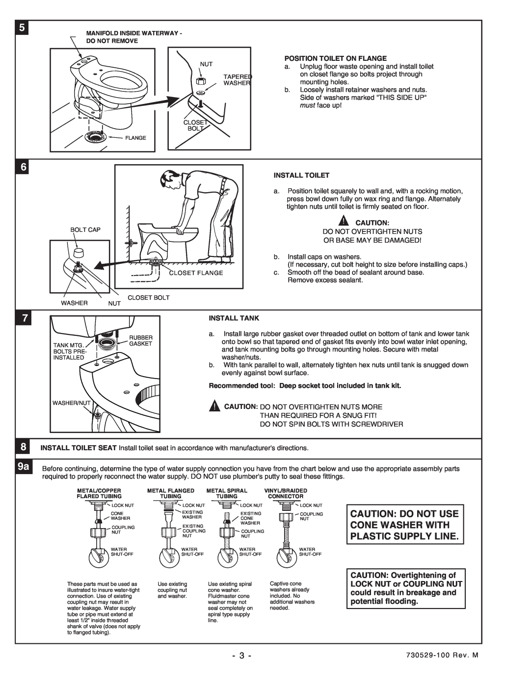 American Standard 2076, 2002 installation instructions Position Toilet On Flange, Install Toilet, Install Tank 