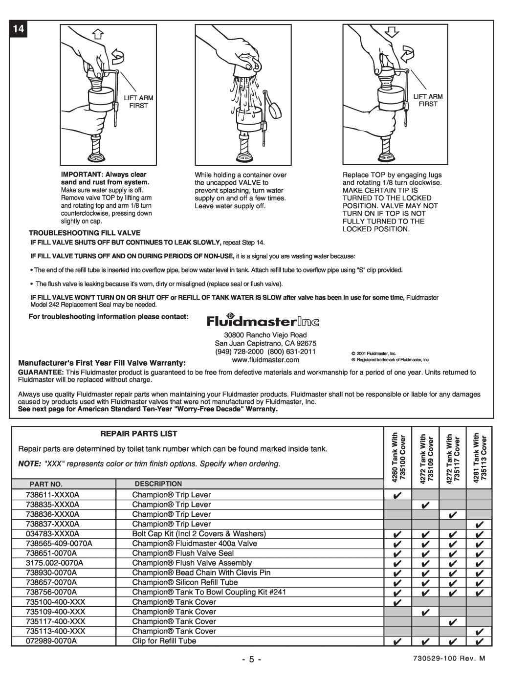 American Standard 2076, 2002 installation instructions Manufacturers First Year Fill Valve Warranty, Repair Parts List 