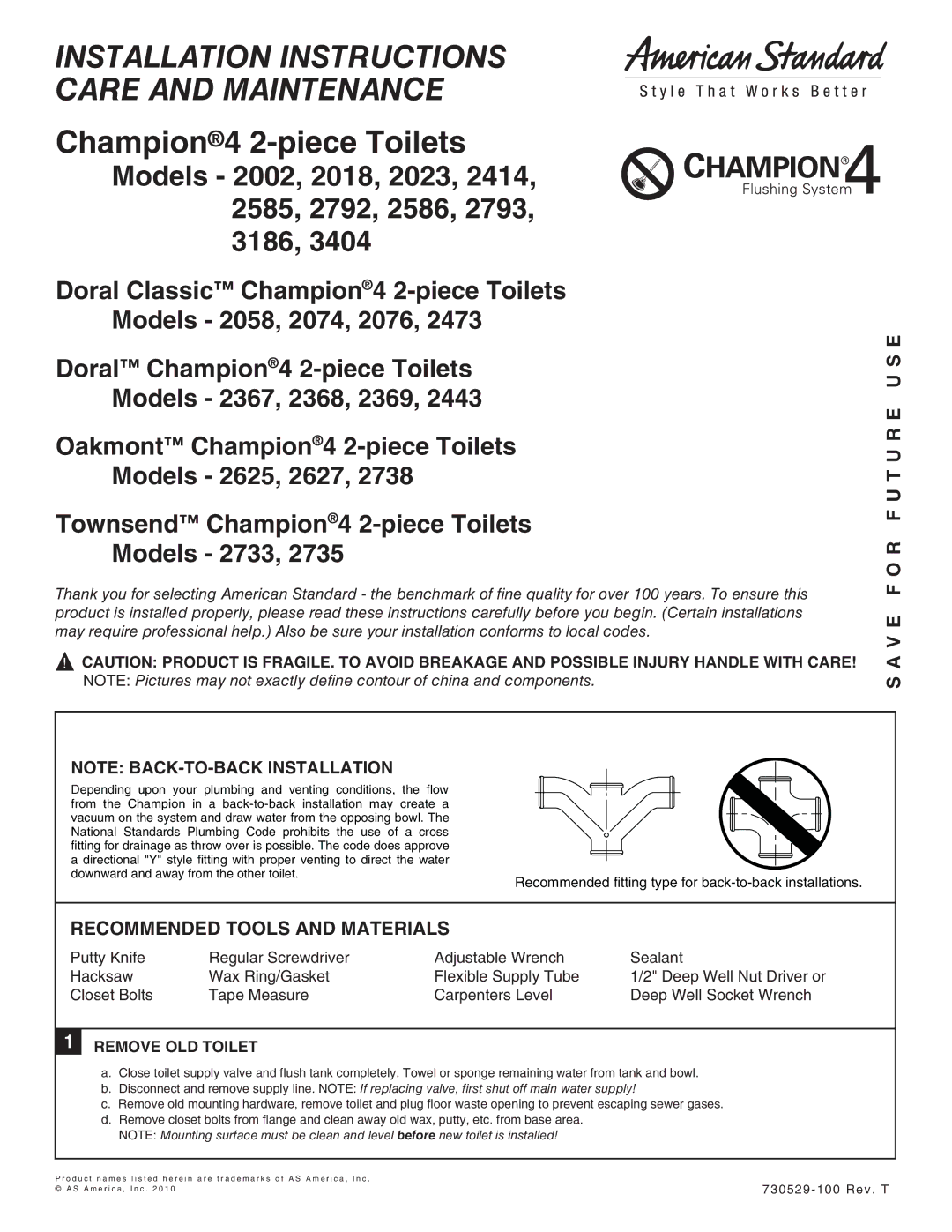 American Standard 3186, 2002, 2792 installation instructions V E F O R F U T U R E U S E, Recommended Tools and Materials 