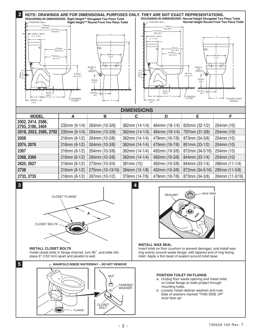 American Standard 2792, 2002, 3186 Dimensions, Model, Install Closet Bolts, Install WAX Seal, Position Toilet on Flange 