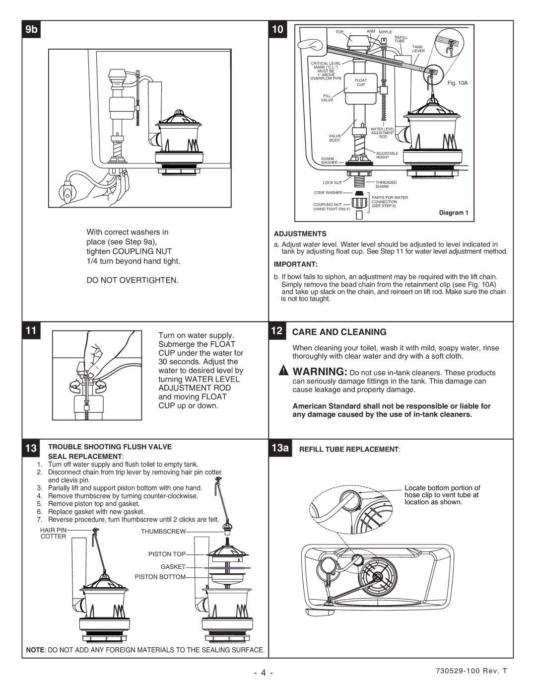 American Standard 2585 Care and Cleaning, Do not Overtighten, Adjustments, Trouble Shooting Flush Valve, Seal Replacement 