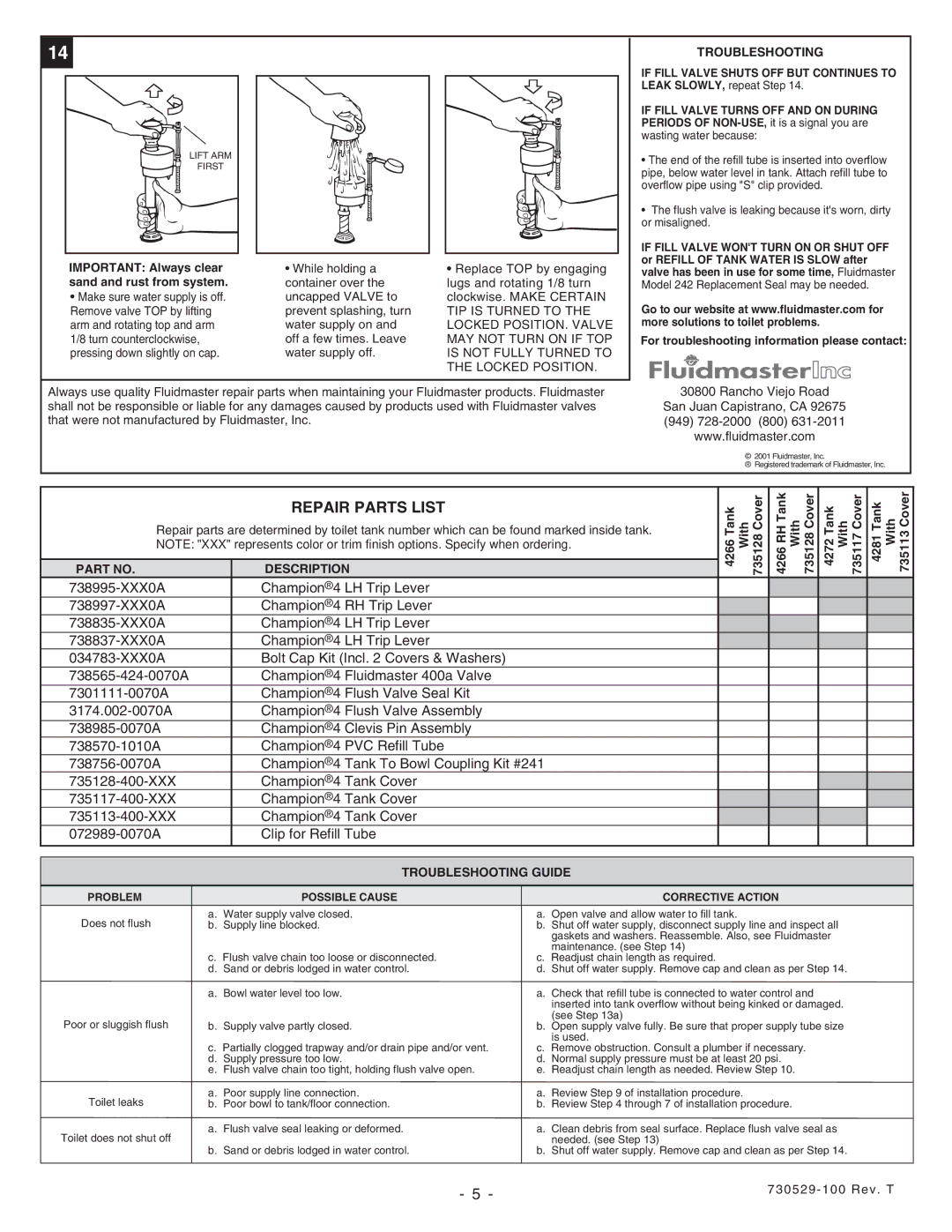 American Standard 2793, 2002, 3186, 2792, 2586, 2585, 2414, 2023, 2018 Repair Parts List, Description, Troubleshooting Guide 