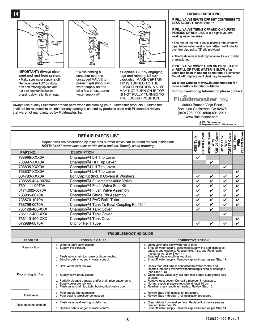 American Standard 2793, 2002, 3186, 2792, 2586, 2585, 2414, 2023, 2018 installation instructions Repair Parts List 