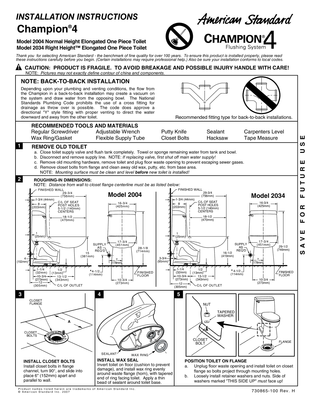 American Standard 2003 installation instructions Recommended Tools and Materials, Remove OLD Toilet, Install WAX Seal 