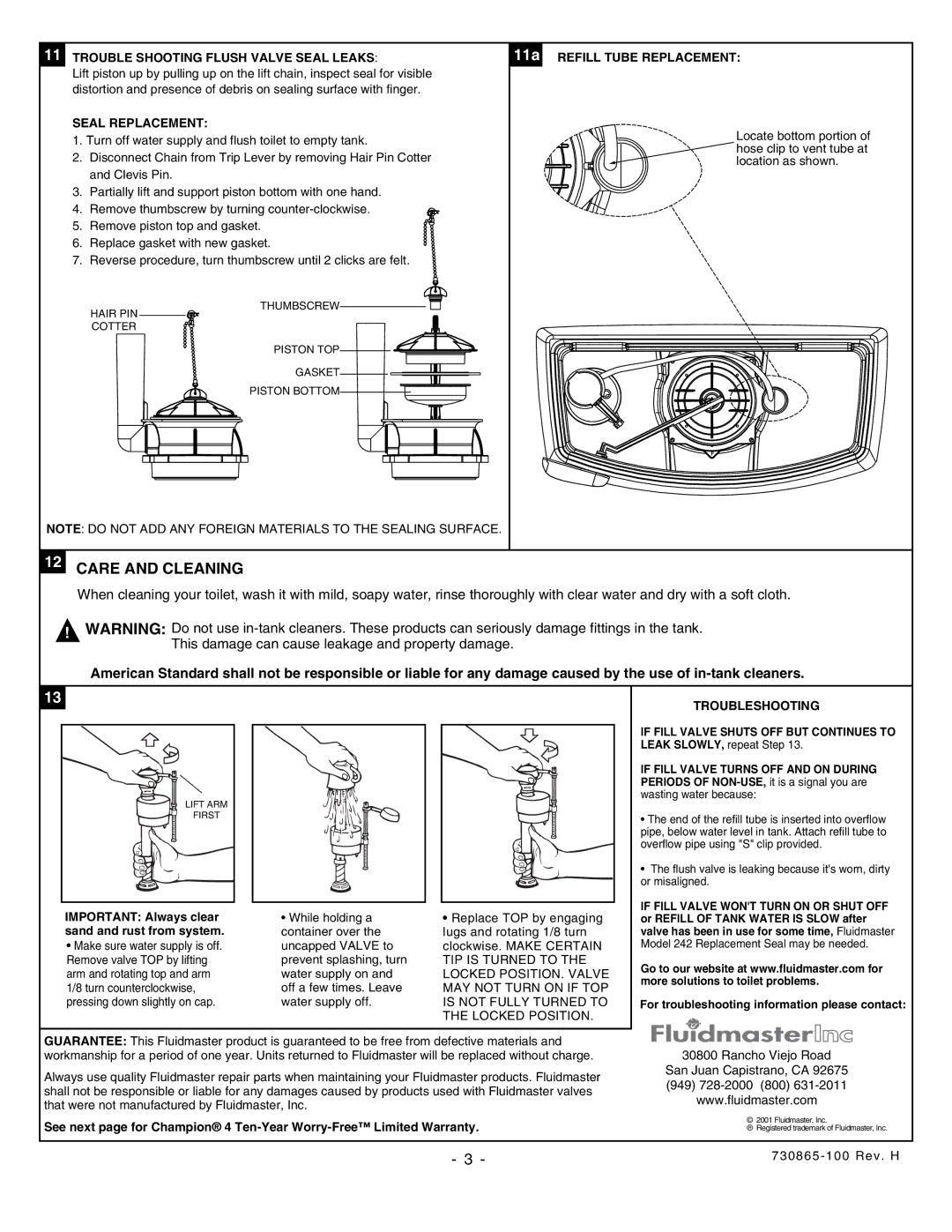 American Standard 2003 Care and Cleaning, Trouble Shooting Flush Valve Seal Leaks, Seal Replacement, Troubleshooting 