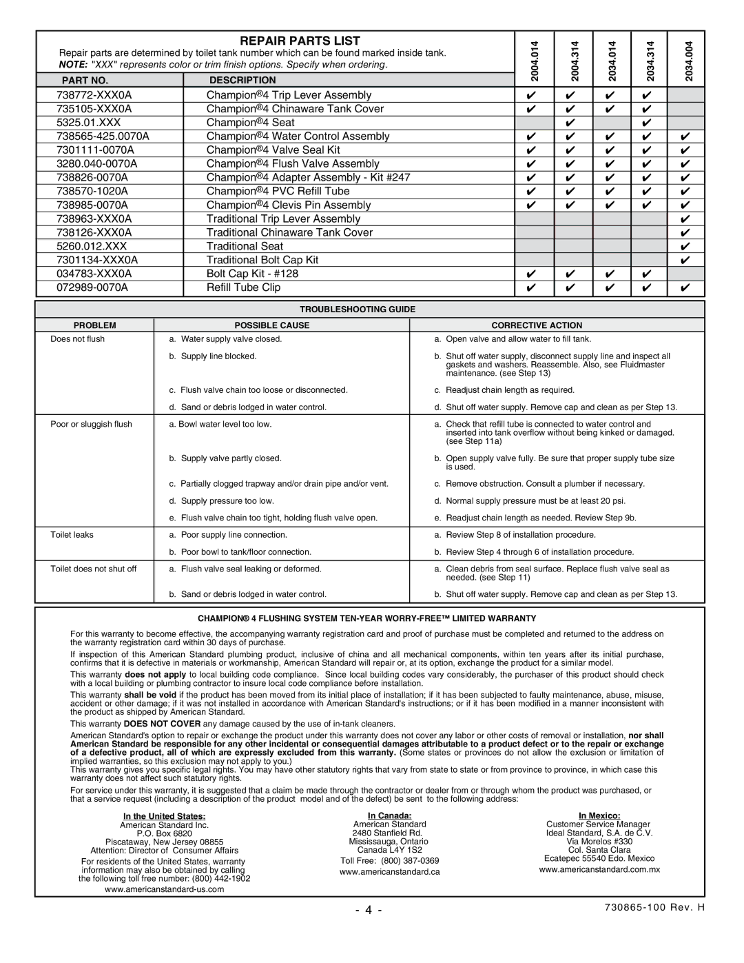 American Standard 2003 installation instructions Repair Parts List, Description 