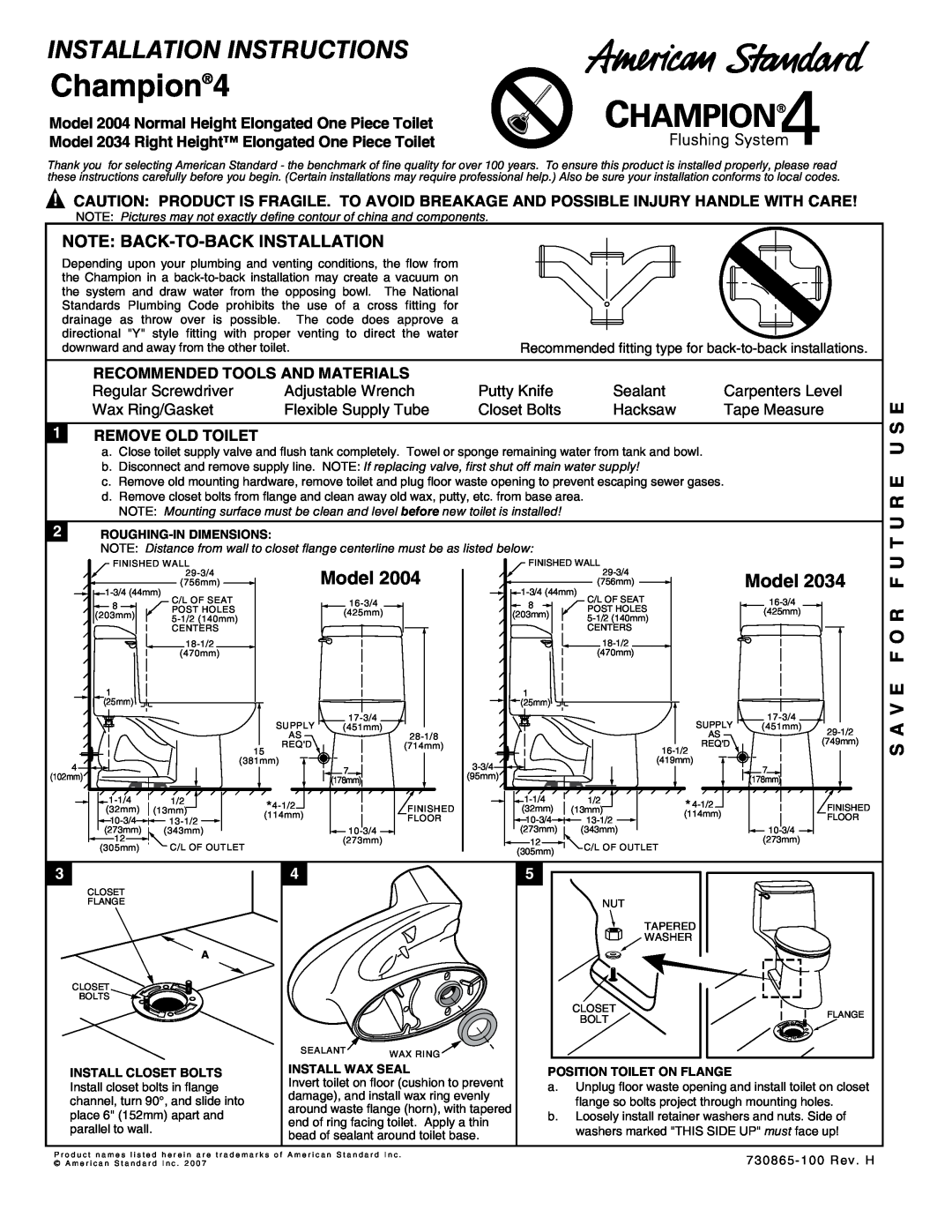 American Standard 2003 installation instructions Recommended Tools And Materials, 1REMOVE OLD TOILET, Champion4, Model 