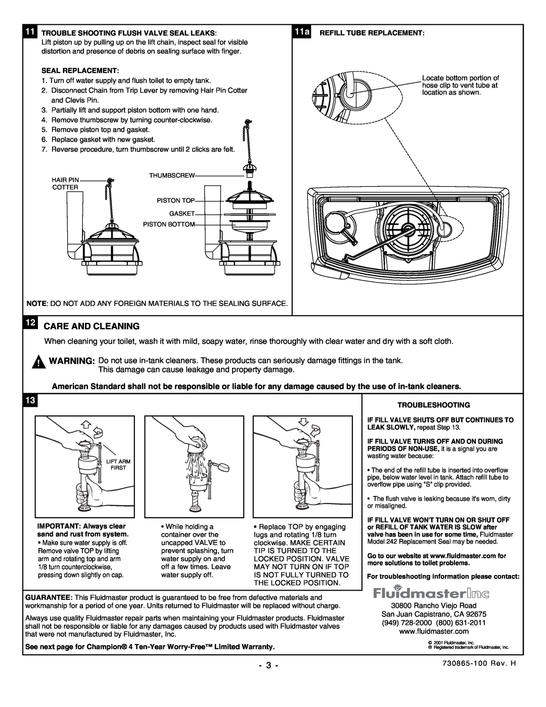 American Standard 2003 12CARE AND CLEANING, 11TROUBLE SHOOTING FLUSH VALVE SEAL LEAKS, Seal Replacement, Troubleshooting 