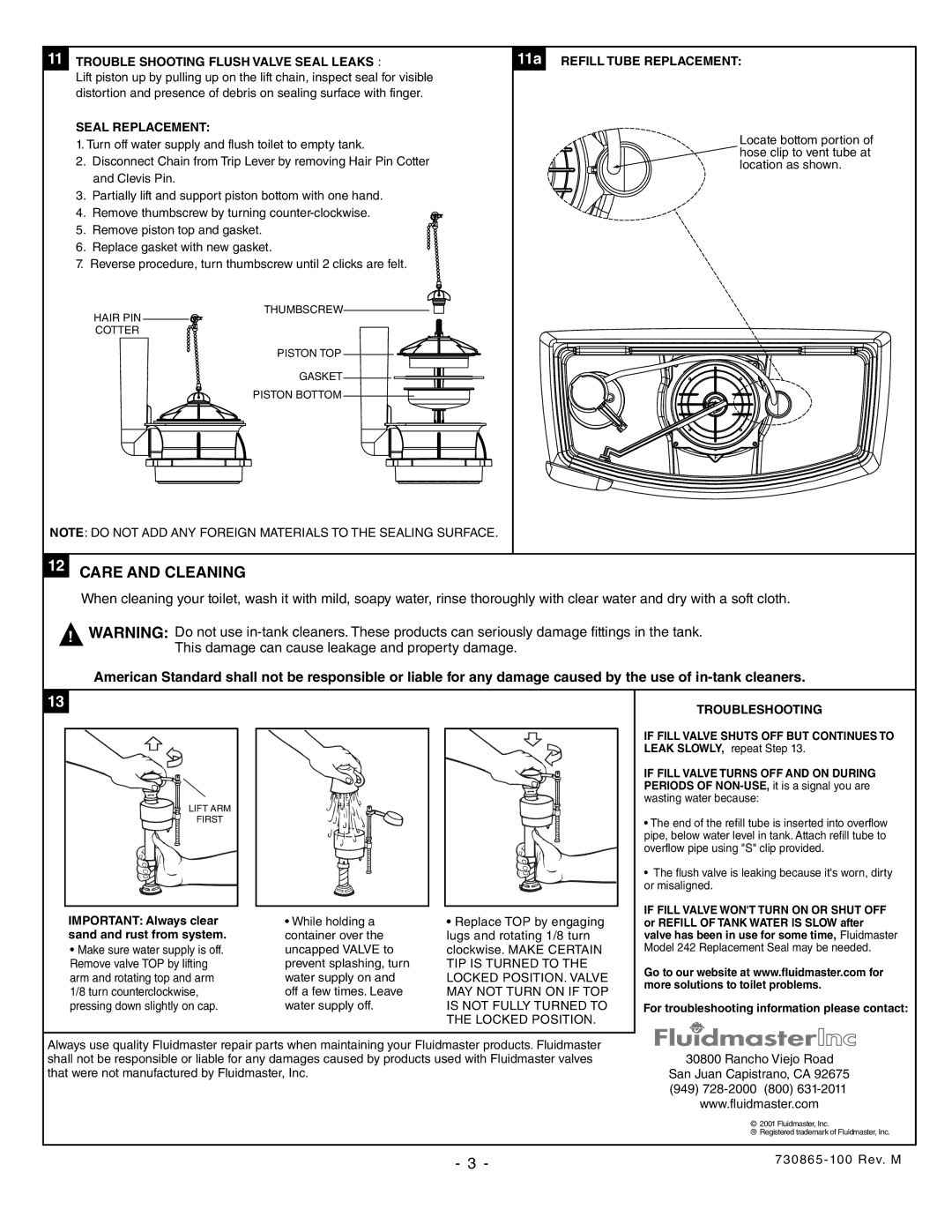 American Standard 2034, 2004 Care and Cleaning, Trouble Shooting Flush Valve Seal Leaks, Seal Replacement, Troubleshooting 