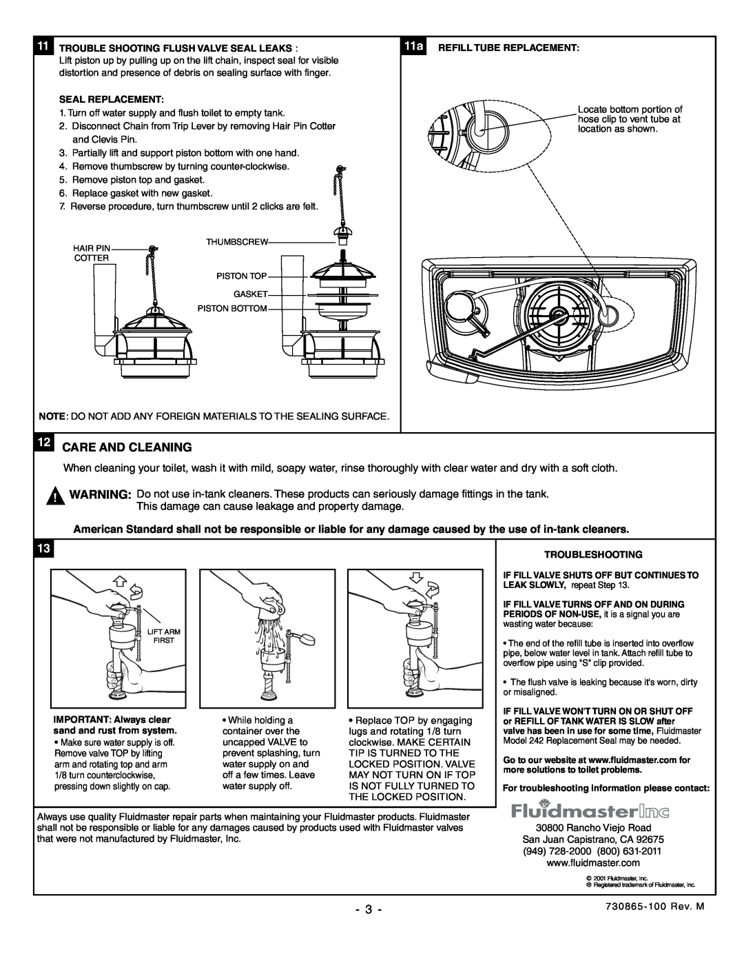 American Standard 2034, 2004 Care And Cleaning, Trouble Shooting Flush Valve Seal Leaks, Seal Replacement, Troubleshooting 