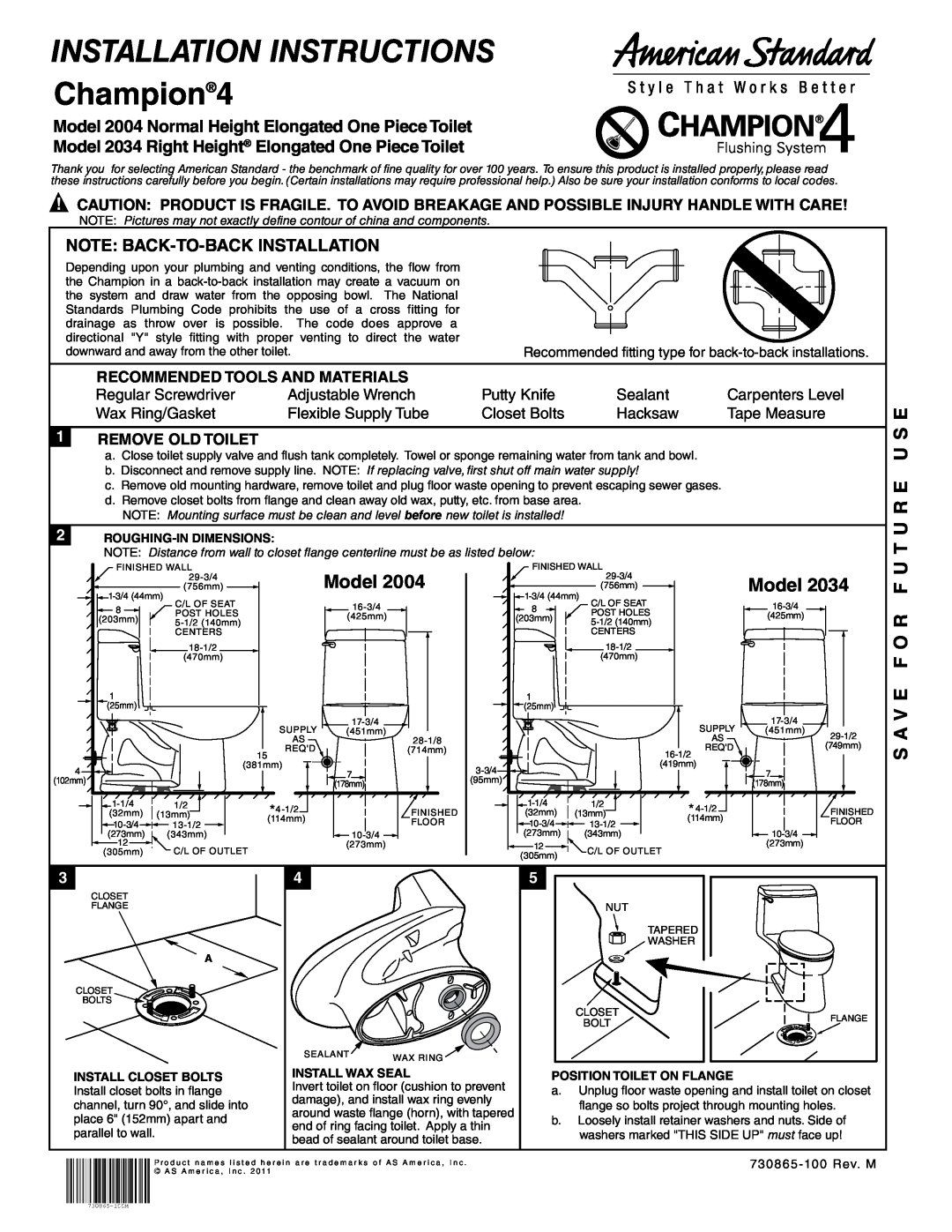American Standard 2034 installation instructions T U R E U S E, 29-3/4Model, S A V E F O R F U, Installation Instructions 