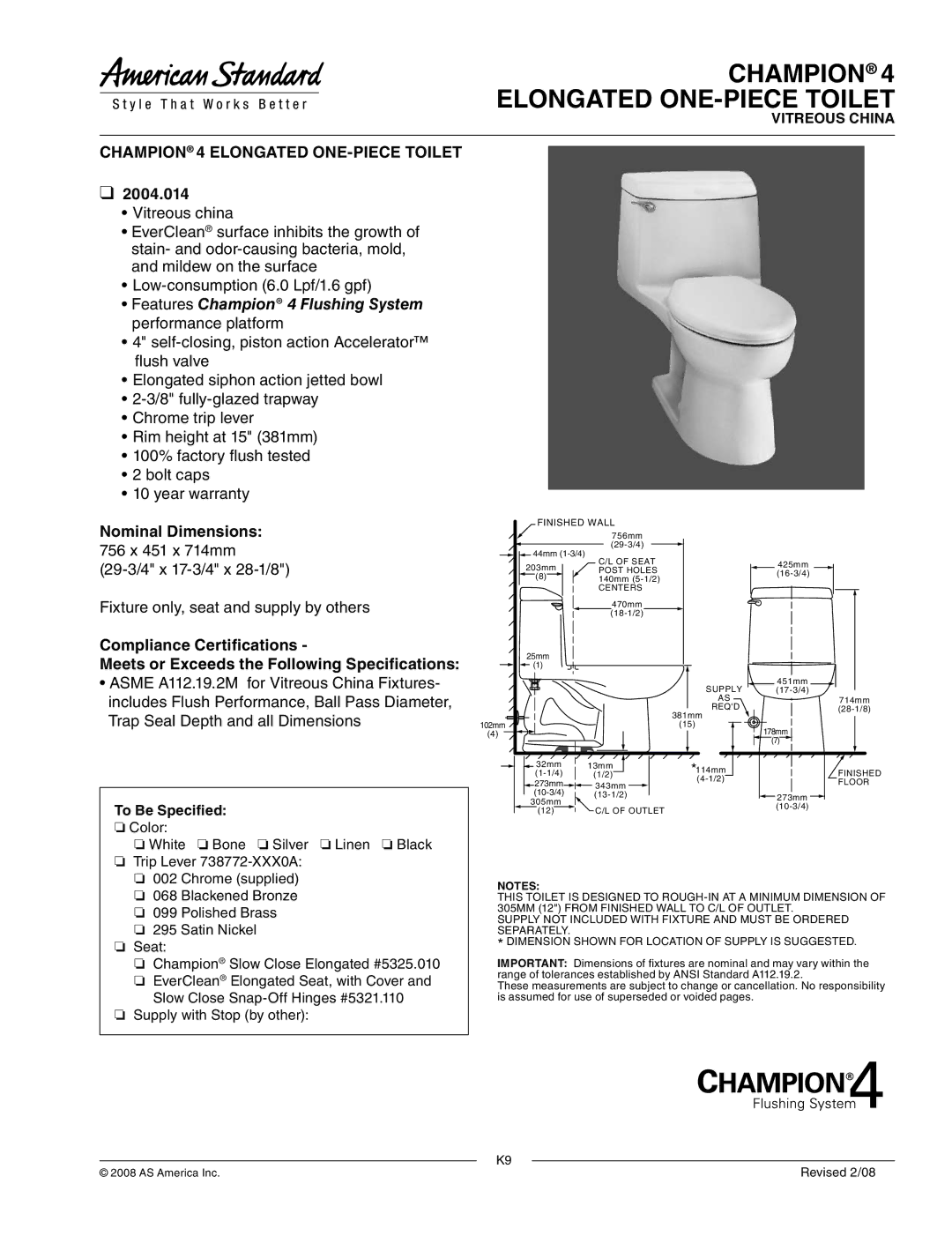 American Standard 2004.014 warranty Champion Elongated ONE-PIECE Toilet, Champion 4 Elongated ONE-PIECE Toilet 