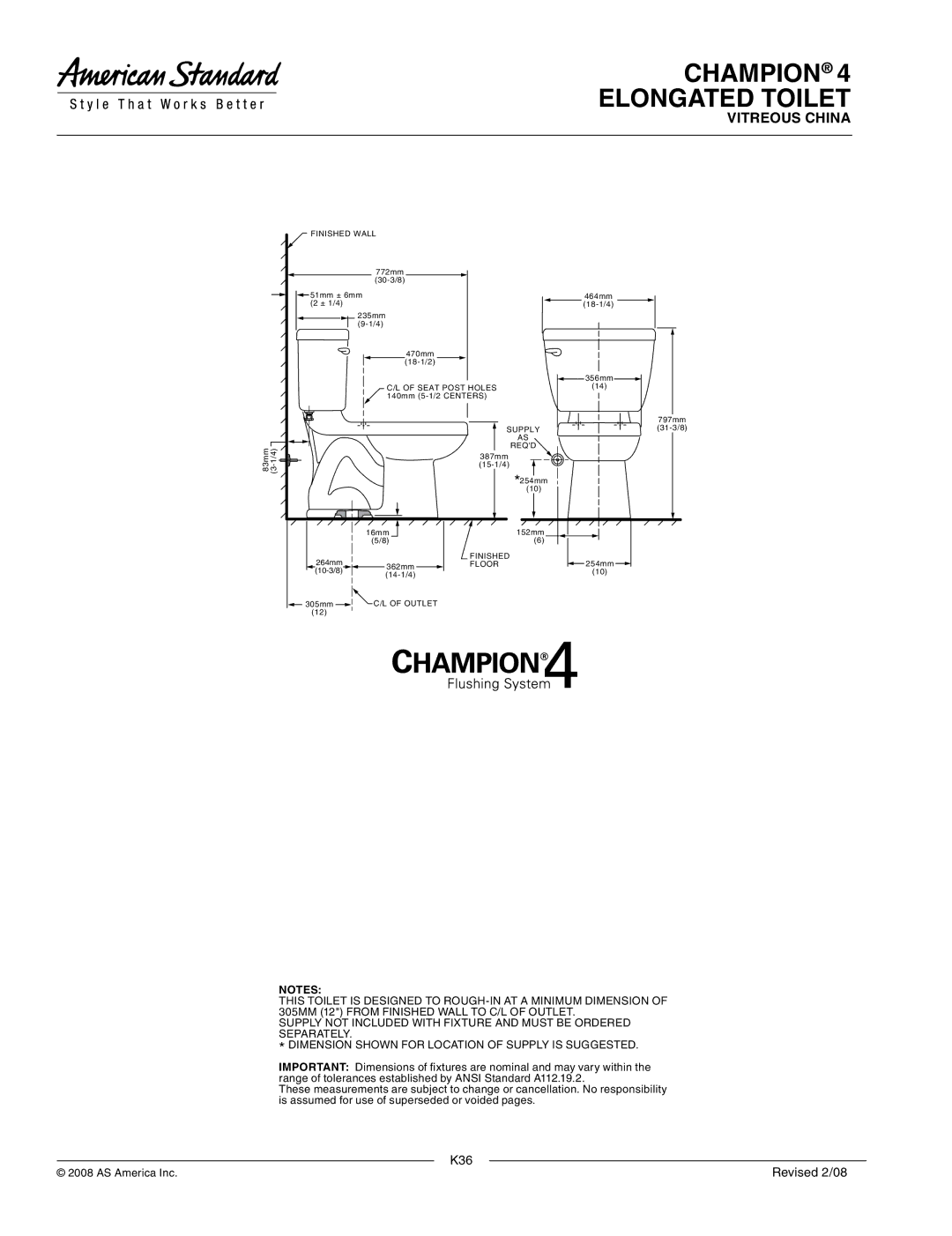 American Standard 4266.504, 2018.214, 4266.014 dimensions Finished Wall, Reqd 