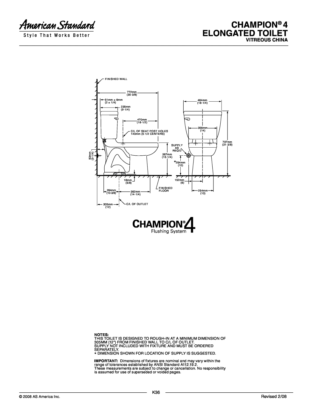 American Standard 4266.504, 2018.214, 4266.014 dimensions Champion Elongated Toilet, Vitreous China, Revised 2/08 