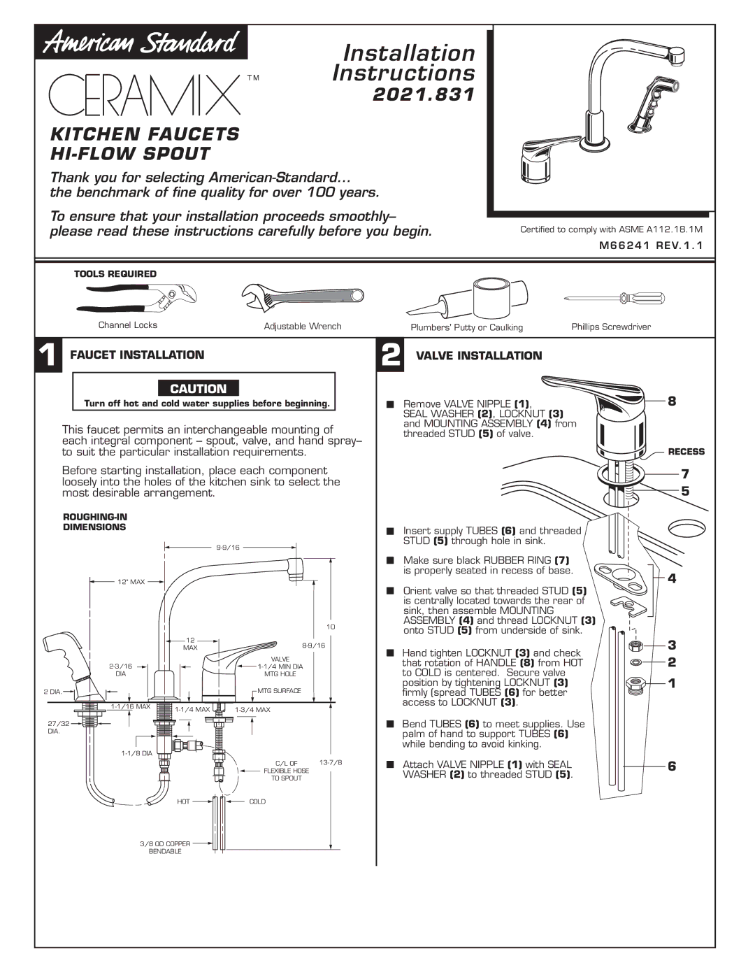 American Standard 2021.831 installation instructions Faucet Installation, Valve Installation, M66241 REV.1.1 