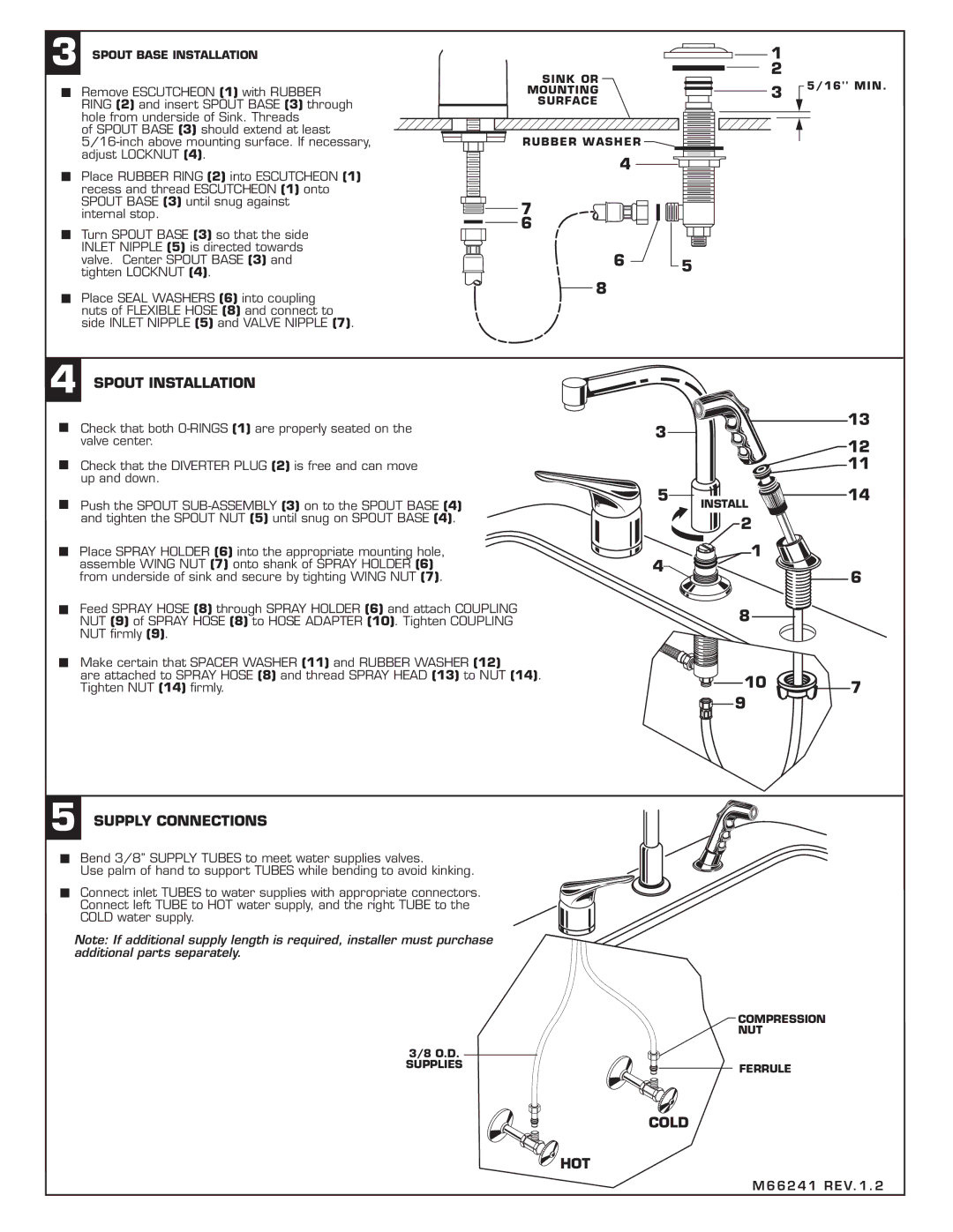 American Standard 2021.831 installation instructions Spout Installation, Supply Connections, Cold HOT, M66241 REV.1.2 