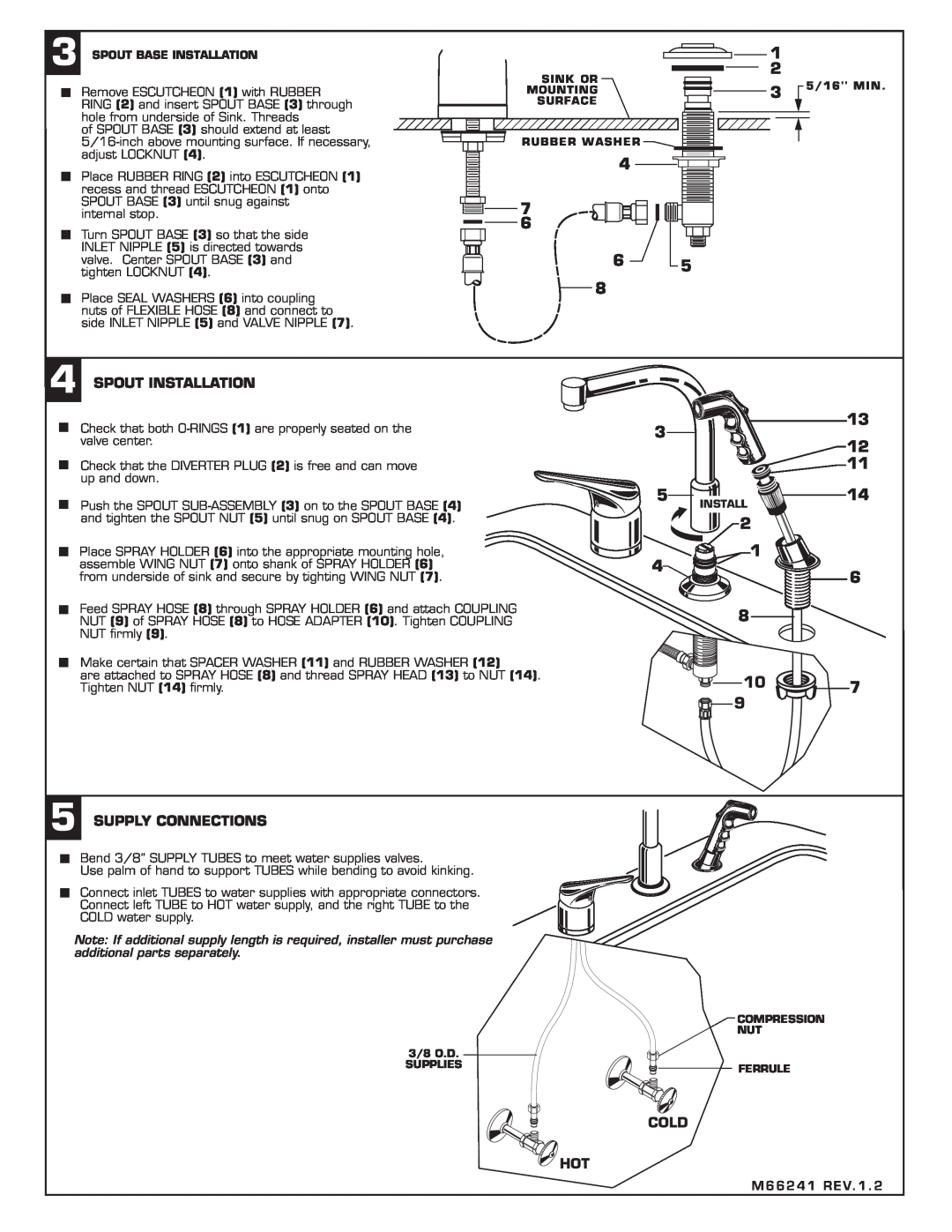 American Standard 2021.831 installation instructions 2 1 6, 4SPOUT INSTALLATION, 5SUPPLY CONNECTIONS, Cold Hot 