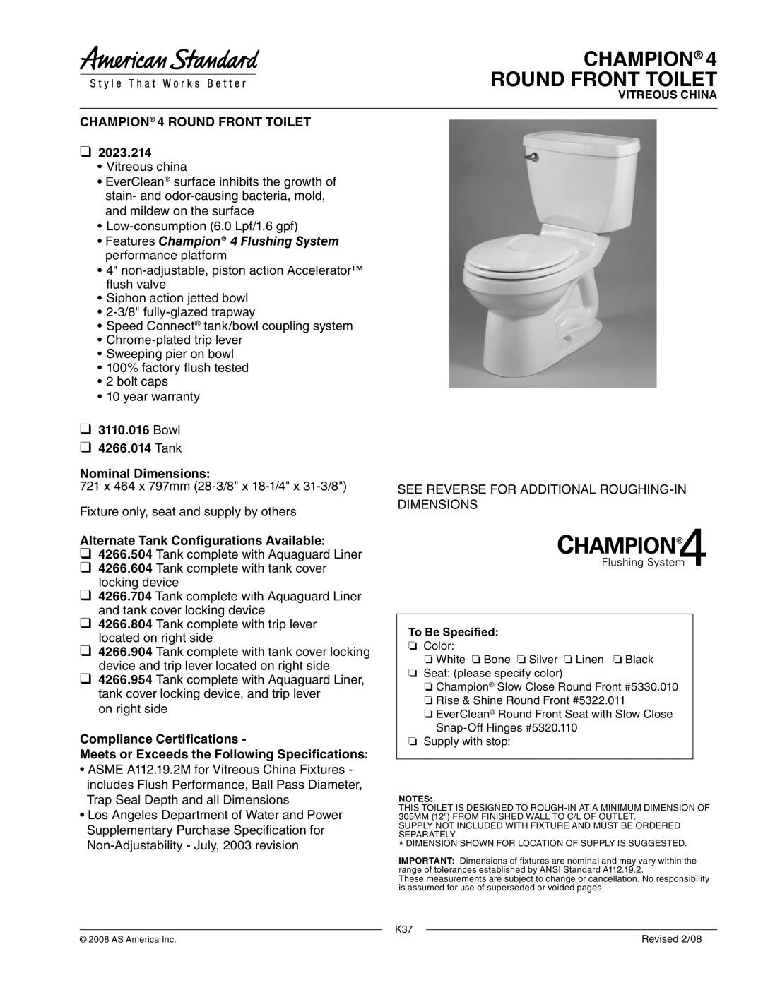 American Standard 2023.214 warranty Champion Round Front Toilet, Champion 4 Round Front Toilet 