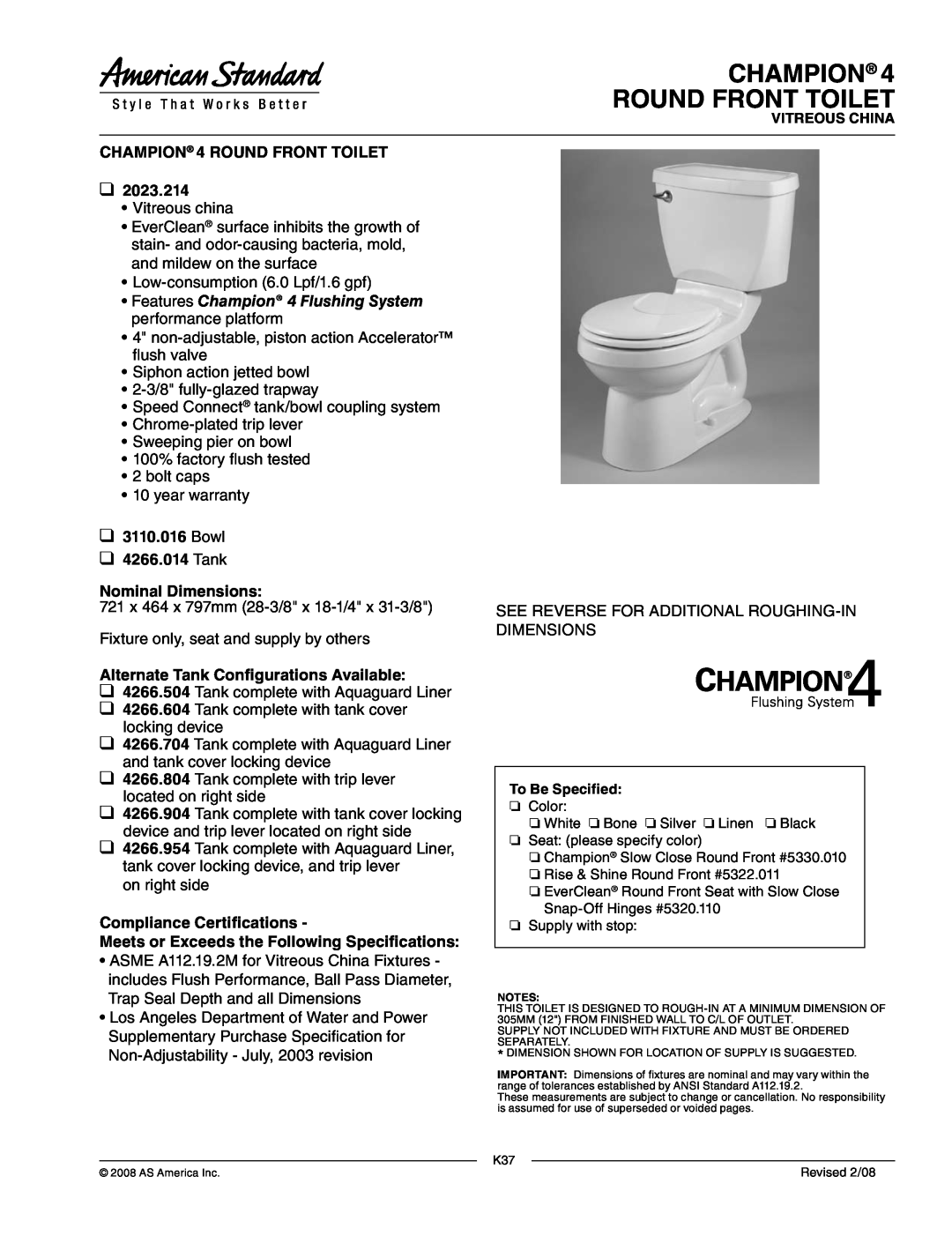 American Standard 2023.214 warranty Champion Round Front Toilet, CHAMPION 4 ROUND FRONT TOILET, Compliance Certifications 