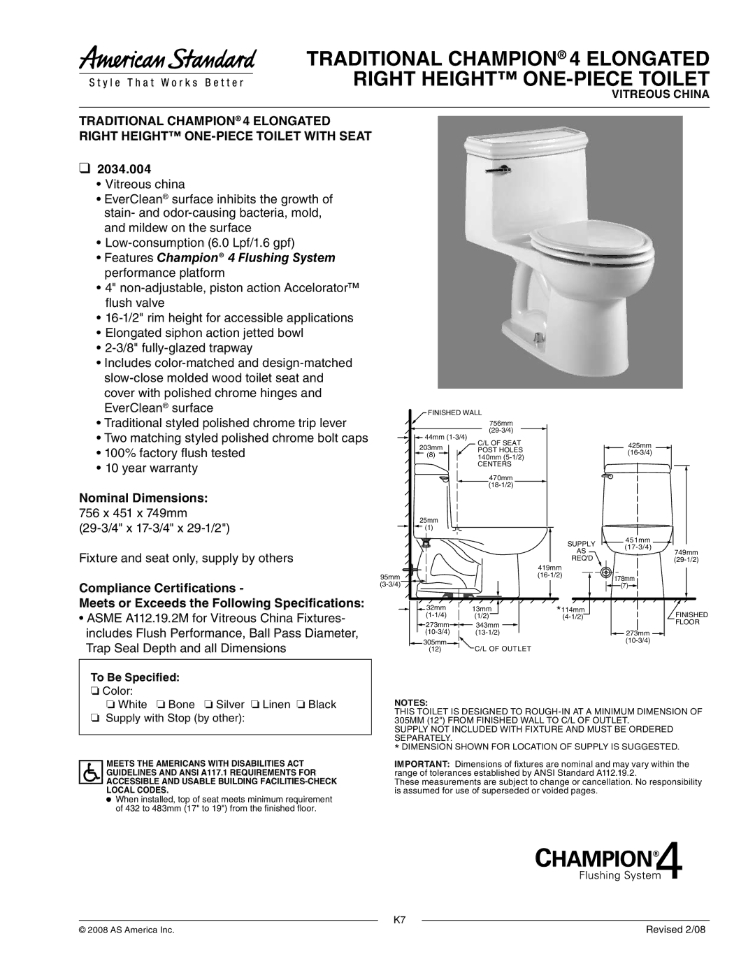 American Standard 2034.004 warranty Features Champion 4 Flushing System performance platform, Nominal Dimensions 