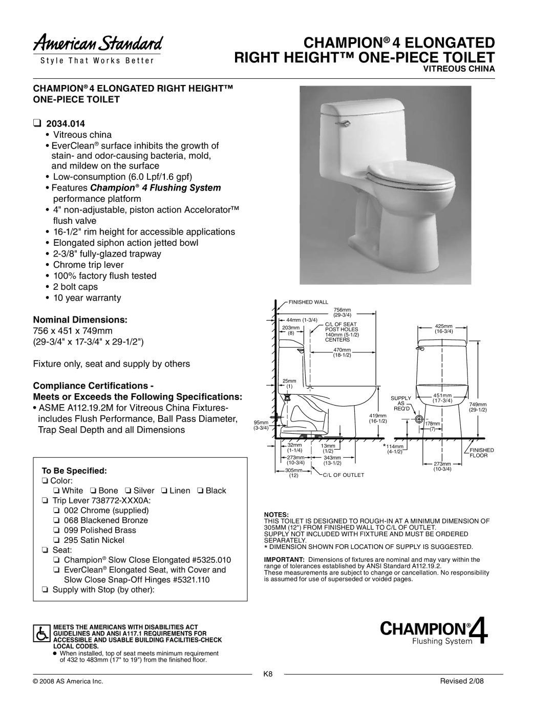 American Standard 2034.014 warranty Champion 4 Elongated Right Height ONE-PIECE Toilet, Nominal Dimensions 