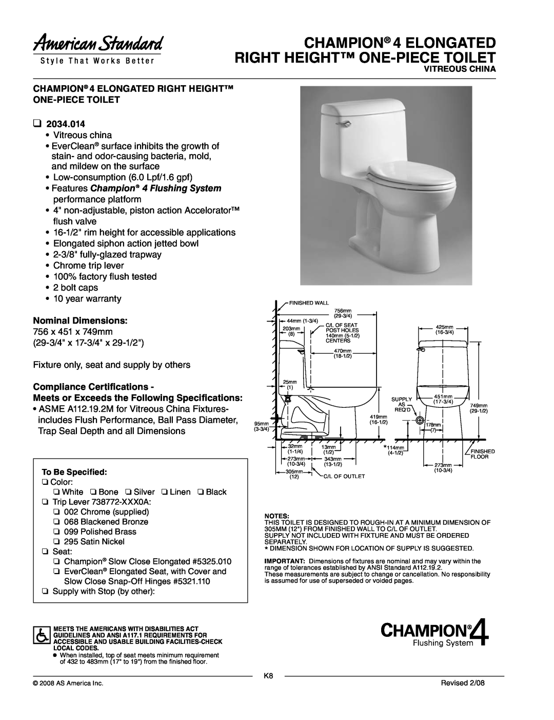 American Standard 2034.014 warranty CHAMPION 4 ELONGATED RIGHT HEIGHT ONE-PIECETOILET, Nominal Dimensions 