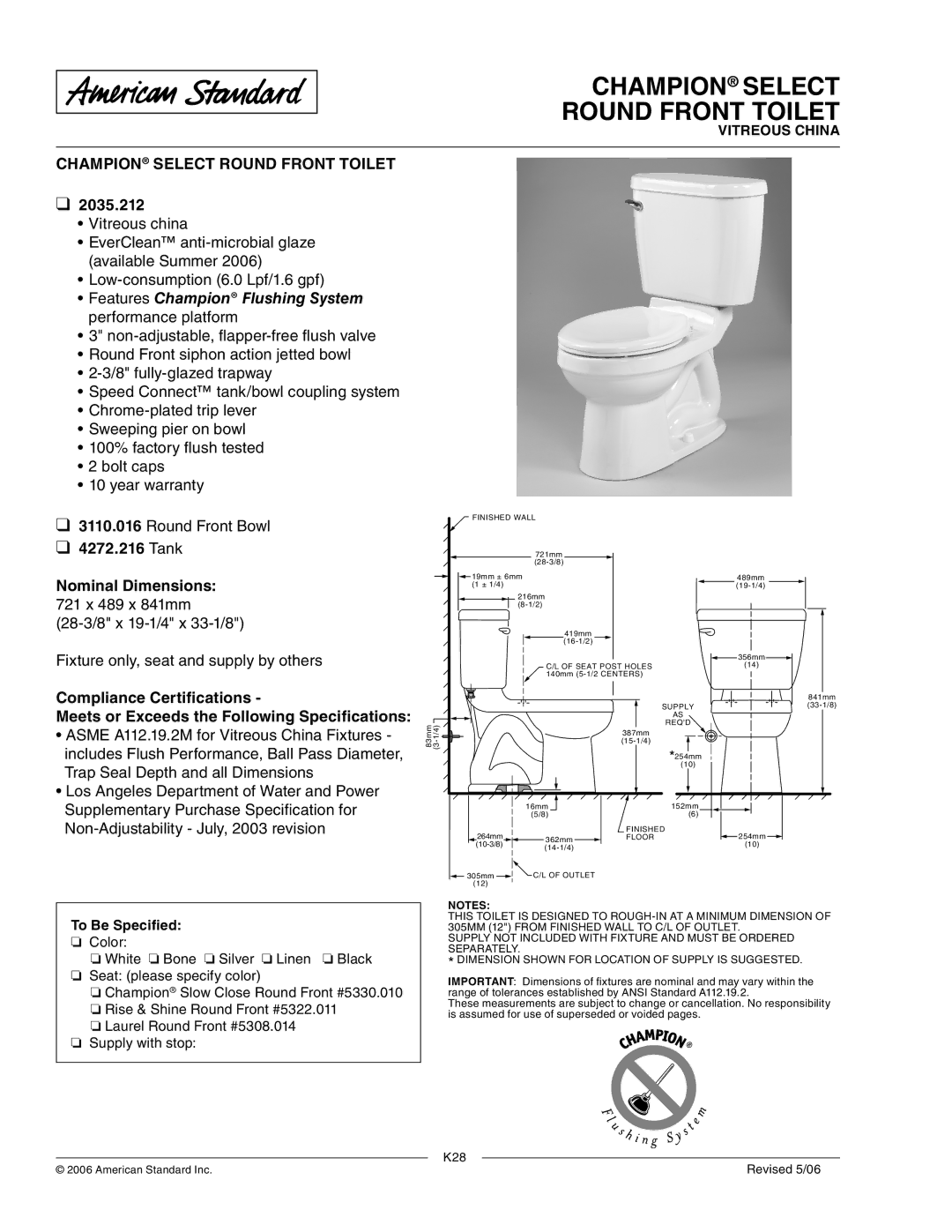 American Standard 2035.212 dimensions Champion Select Round Front Toilet, Tank Nominal Dimensions 