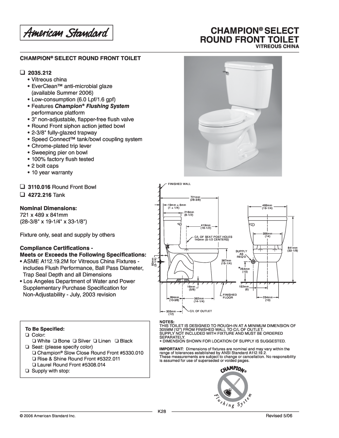 American Standard 2035.212 dimensions Champion Select Round Front Toilet, Tank Nominal Dimensions 