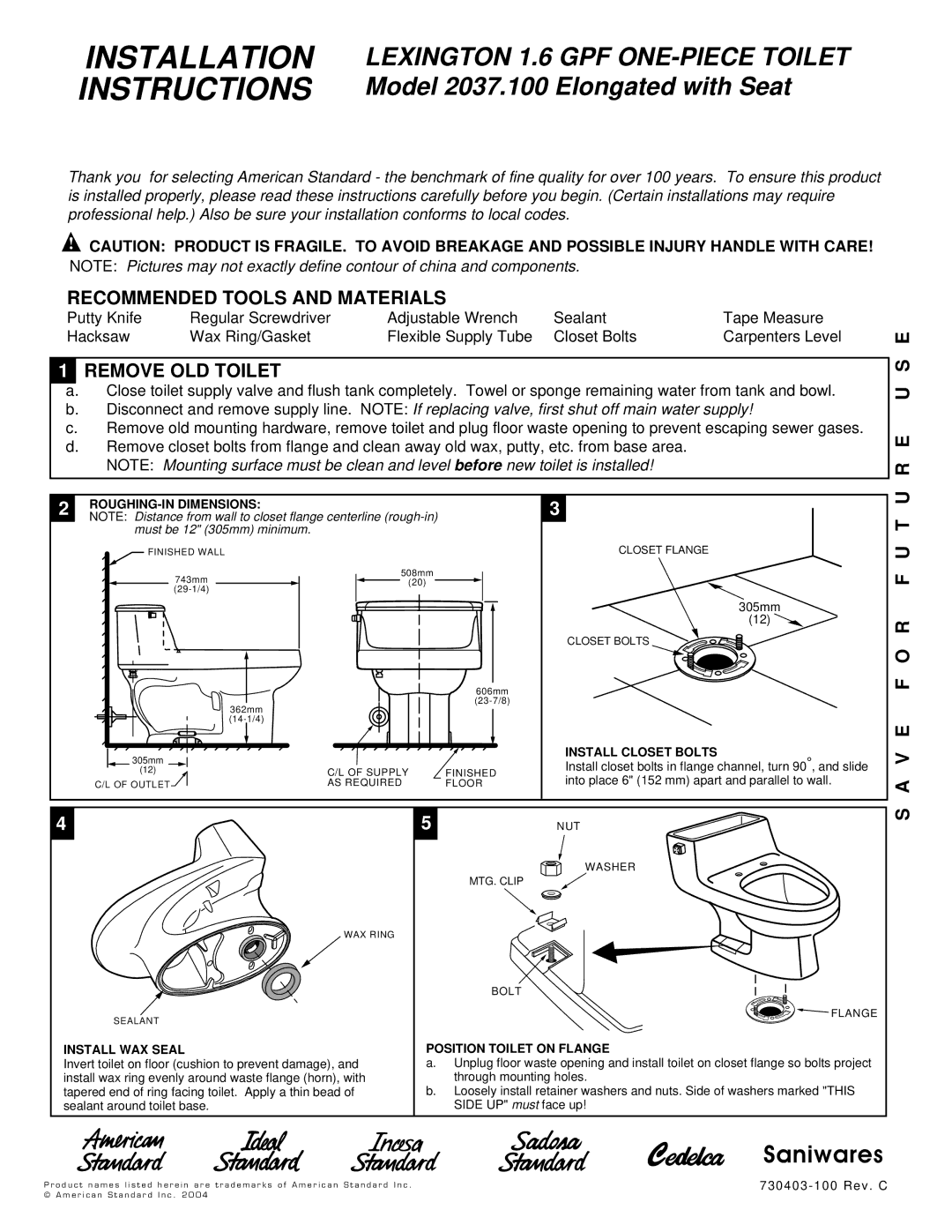 American Standard 2037.100 installation instructions ROUGHING-IN Dimensions, Install Closet Bolts, Install WAX Seal 