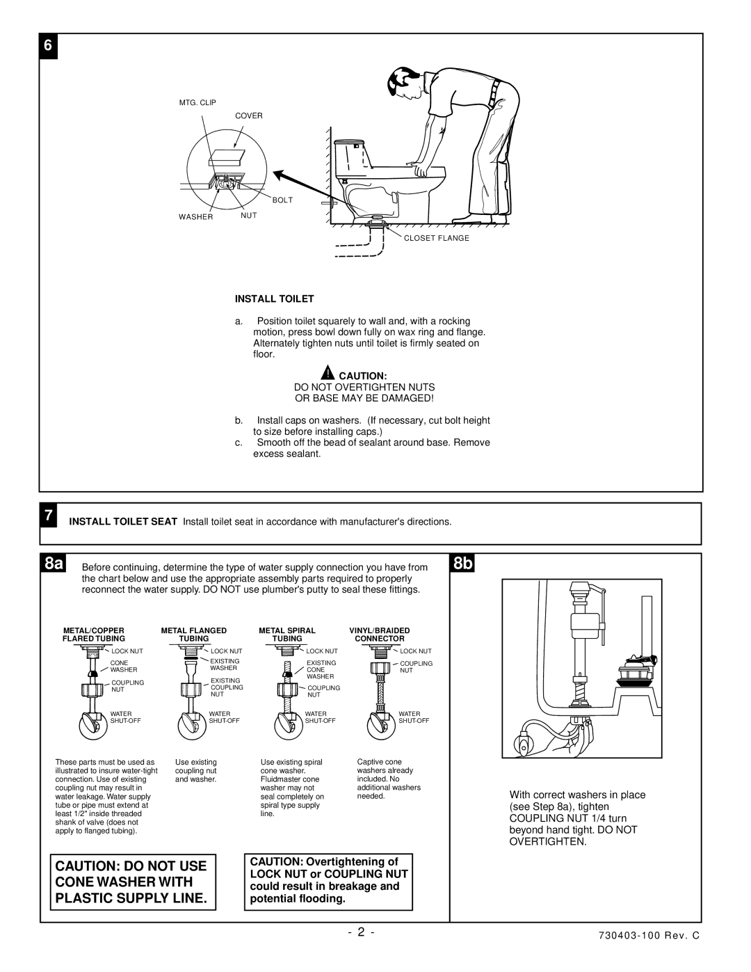 American Standard 2037.100 installation instructions Cone Washer with, Plastic Supply Line, Install Toilet 