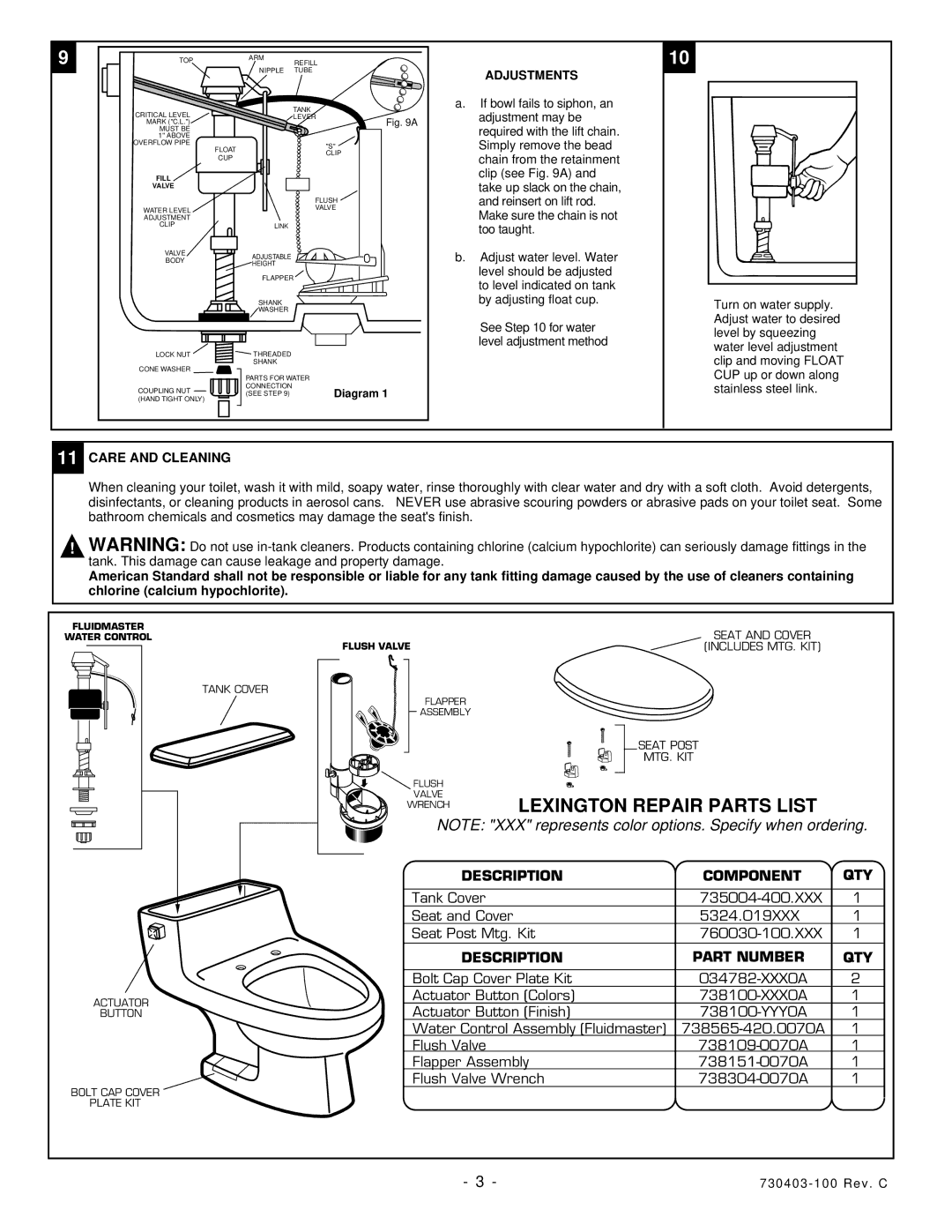 American Standard 2037.100 installation instructions Lexington Repair Parts List, Adjustments, Care and Cleaning 