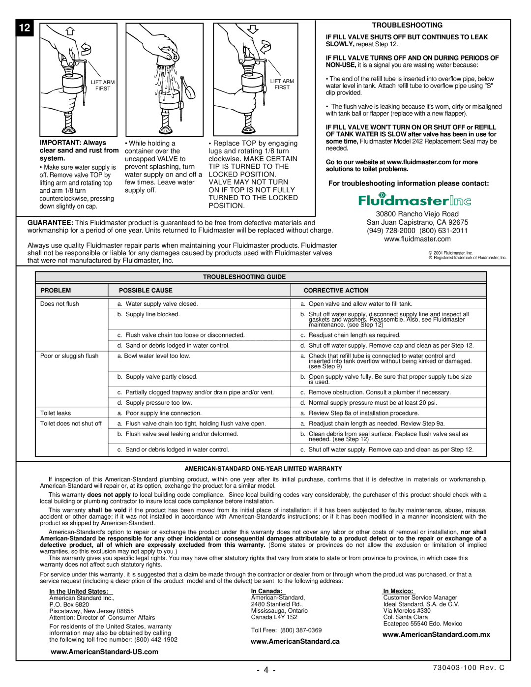 American Standard 2037.100 installation instructions Troubleshooting 