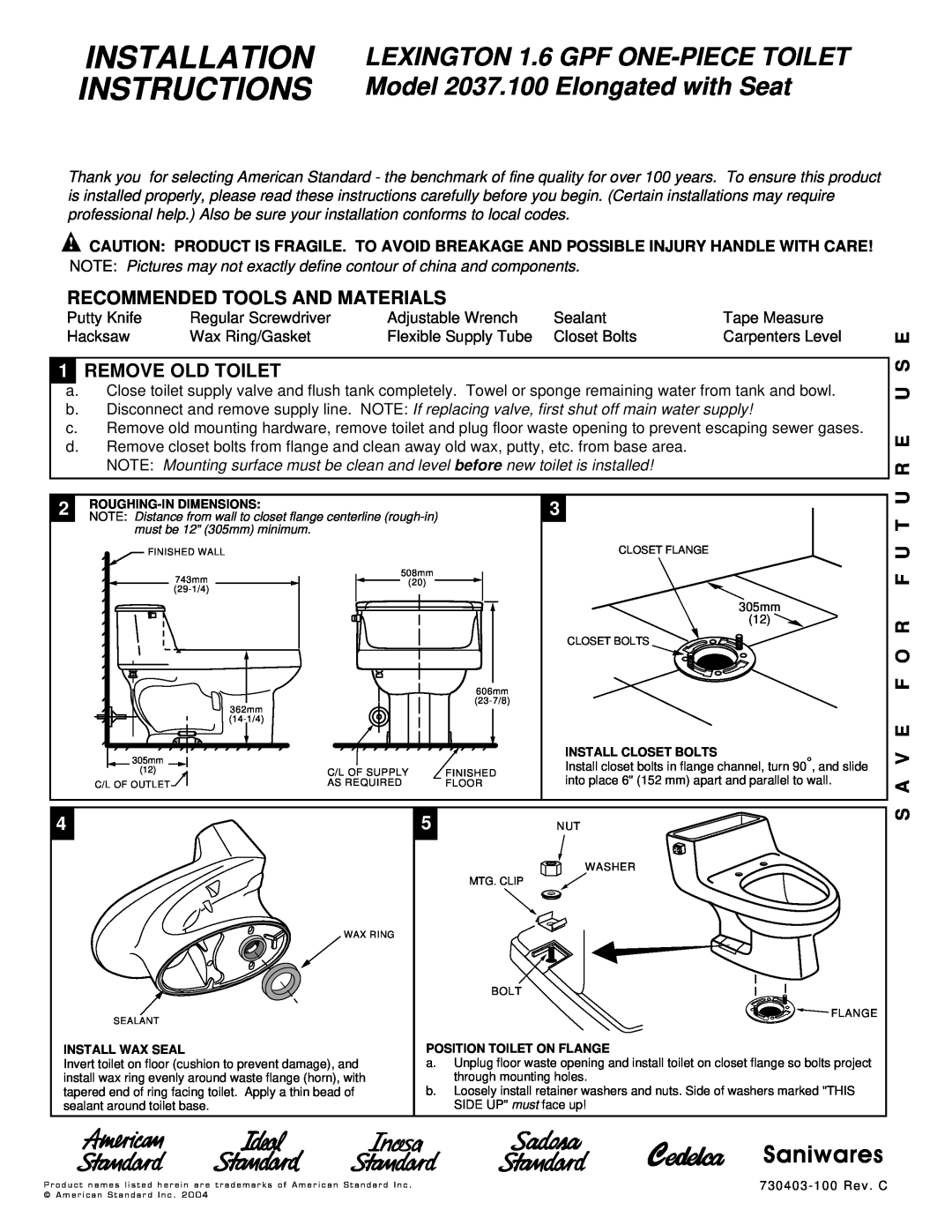 American Standard 2037.100 installation instructions Installation Instructions, Saniwares, Recommended Tools And Materials 