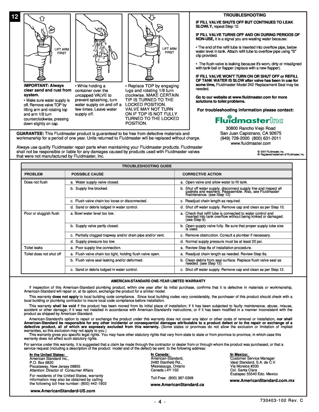 American Standard 2037.100 installation instructions Troubleshooting, For troubleshooting information please contact 