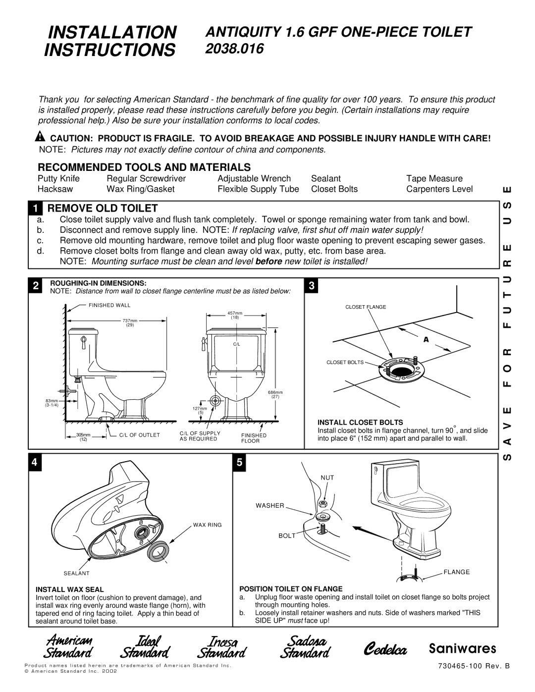 American Standard 2038.016 installation instructions Recommended Tools and Materials, Remove OLD Toilet, E U S E 