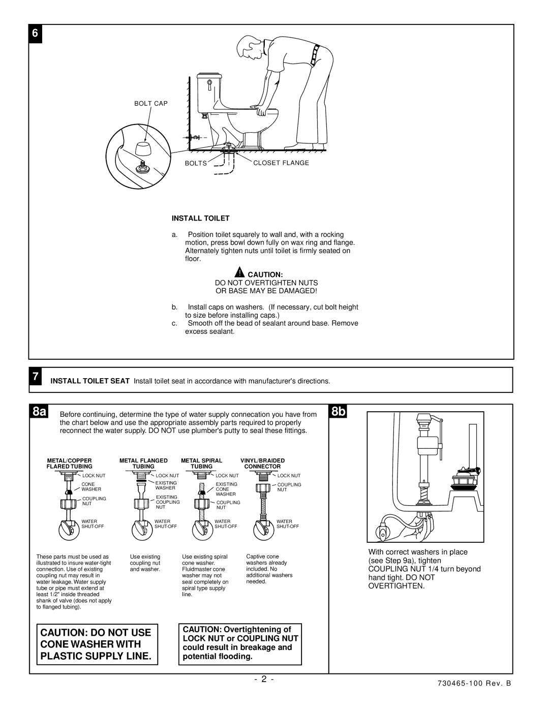 American Standard 2038.016 installation instructions Install Toilet, Do not Overtighten Nuts Or Base MAY be Damaged 