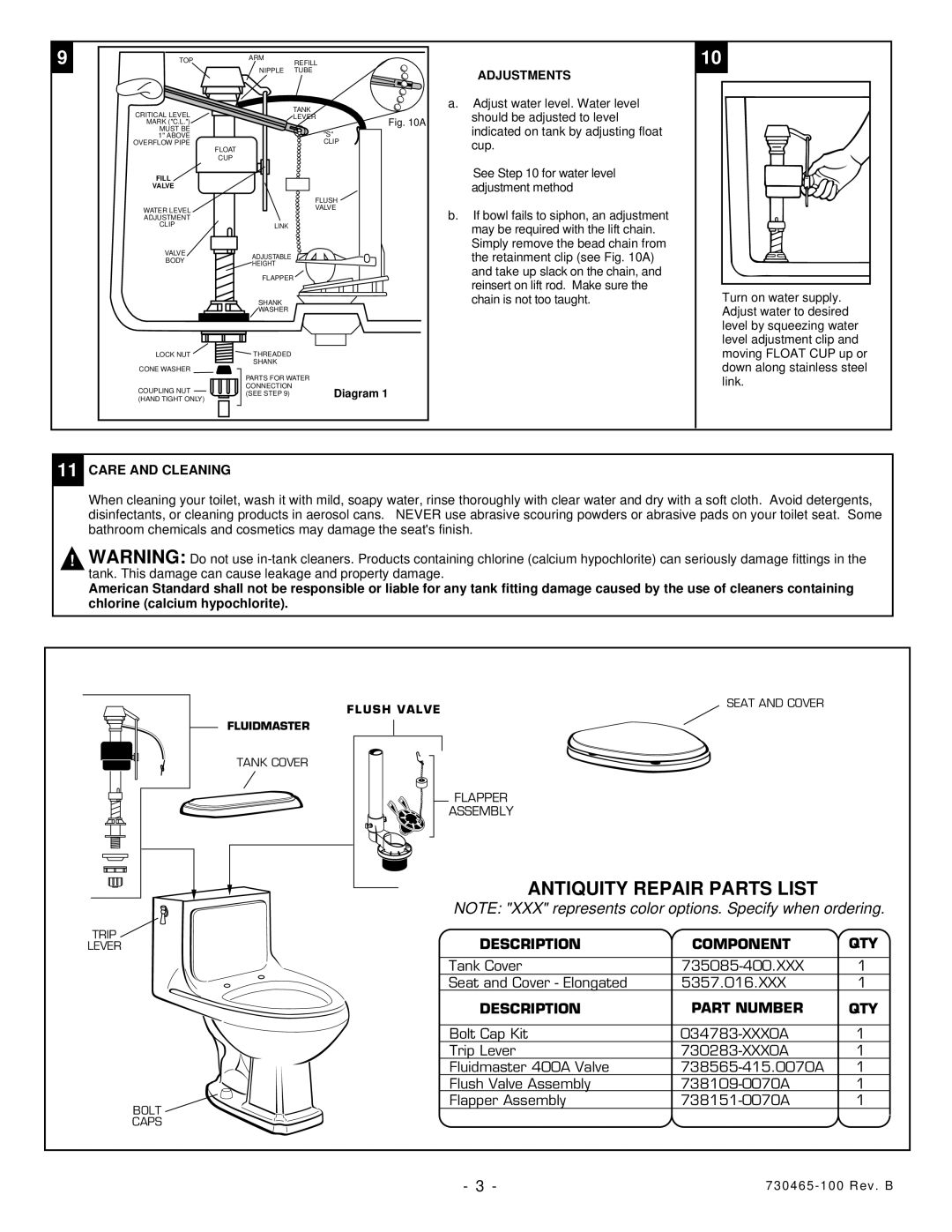 American Standard 2038.016 installation instructions Antiquity Repair Parts List, Adjustments, Care and Cleaning 