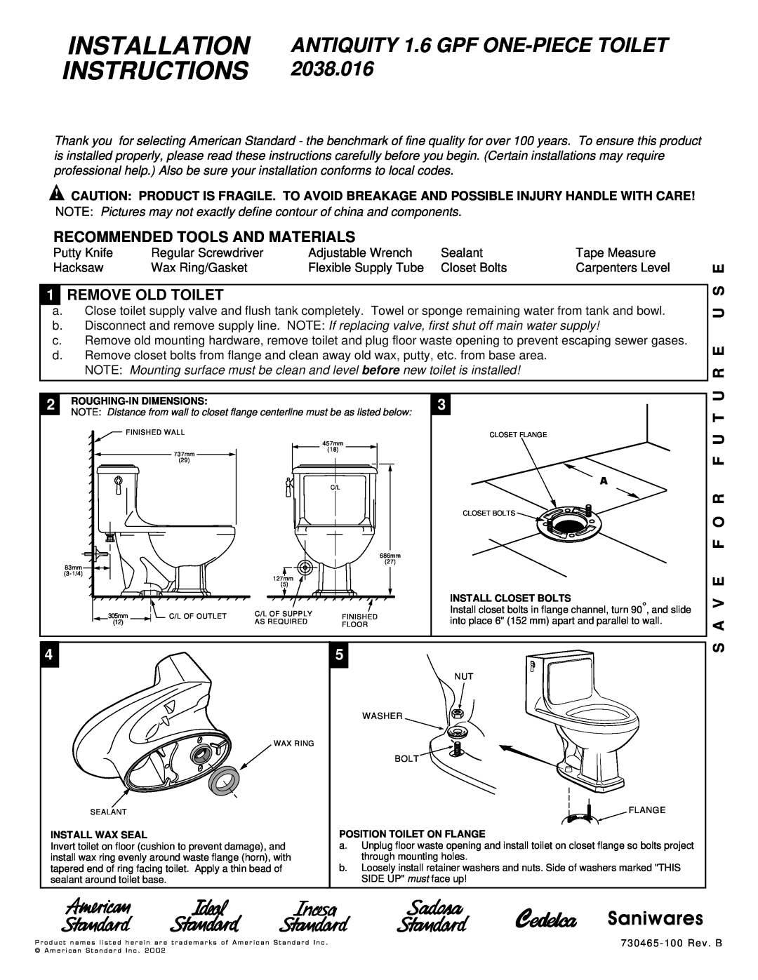 American Standard 2038.016 installation instructions Recommended Tools And Materials, 1REMOVE OLD TOILET, U R E U S E 