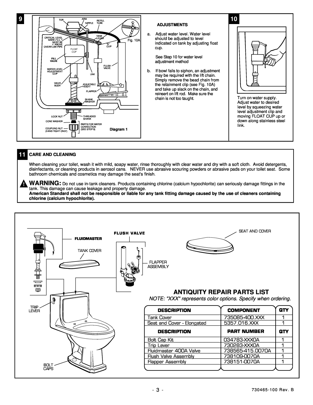 American Standard 2038.016 installation instructions Antiquity Repair Parts List, Description, Component, Part Number 