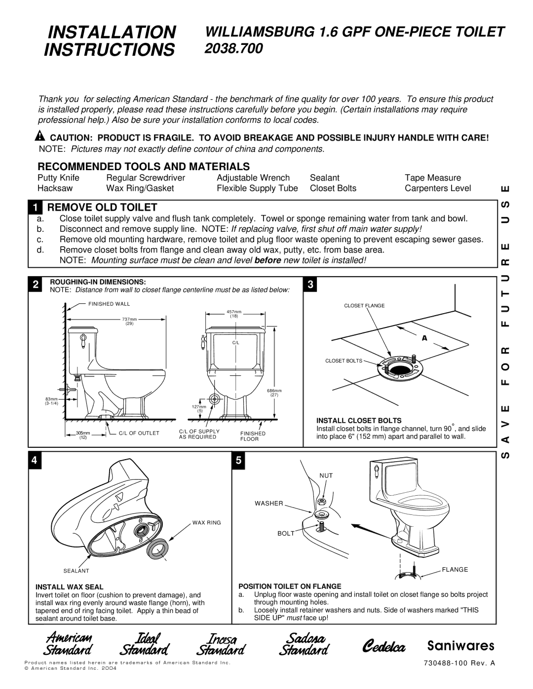 American Standard 2038.700 installation instructions Recommended Tools and Materials, Remove OLD Toilet, E U S E 