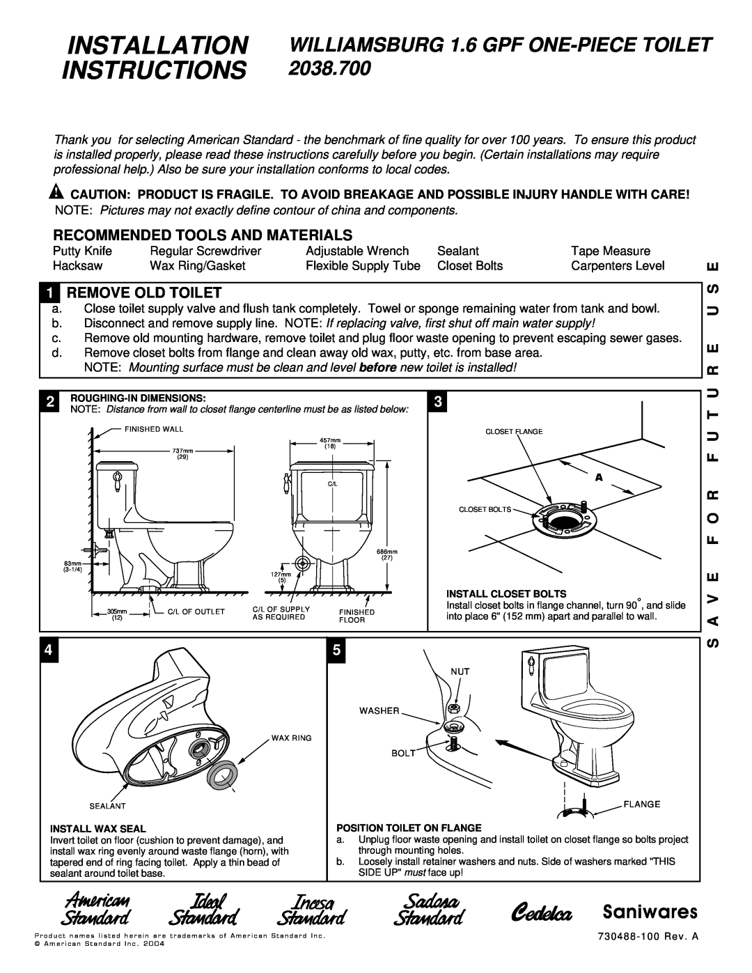 American Standard 2038.700 installation instructions Recommended Tools And Materials, 1REMOVE OLD TOILET, U R E U S E 