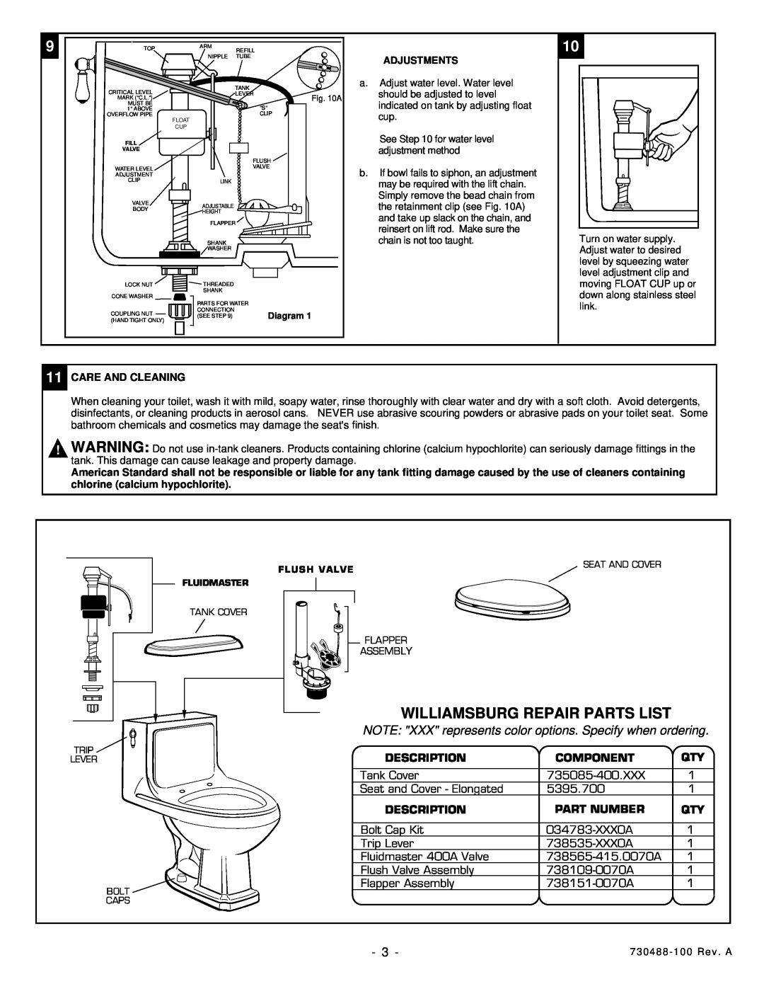 American Standard 2038.700 installation instructions Williamsburg Repair Parts List, Description, Component, Part Number 