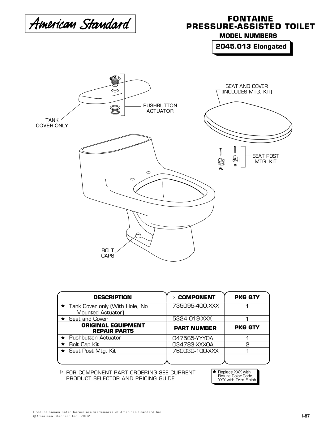 American Standard 2045.013 manual Fontaine PRESSURE-ASSISTED Toilet, Elongated, Description Component PKG QTY 